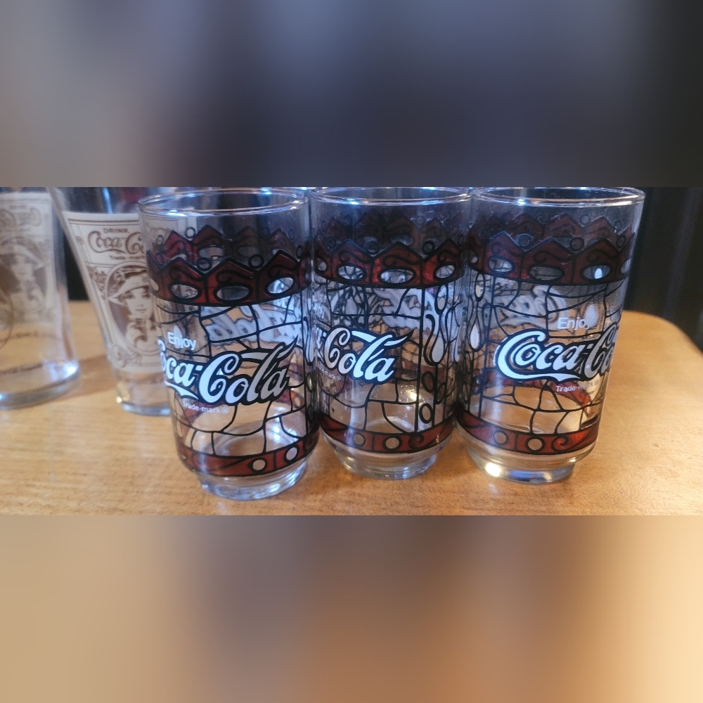 VINTAGE Coca-Cola Tiffany Style, Stained Glass Drinking Glasses/Tumblers 5(+2) - Picture 2 of 16
